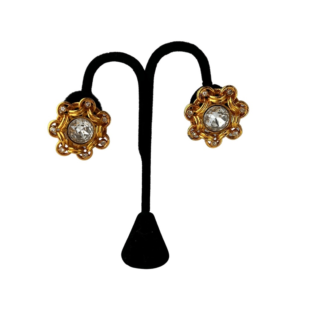 Gold Tone Clip On Earrings with Clear Center Stone - Picture 4 of 4